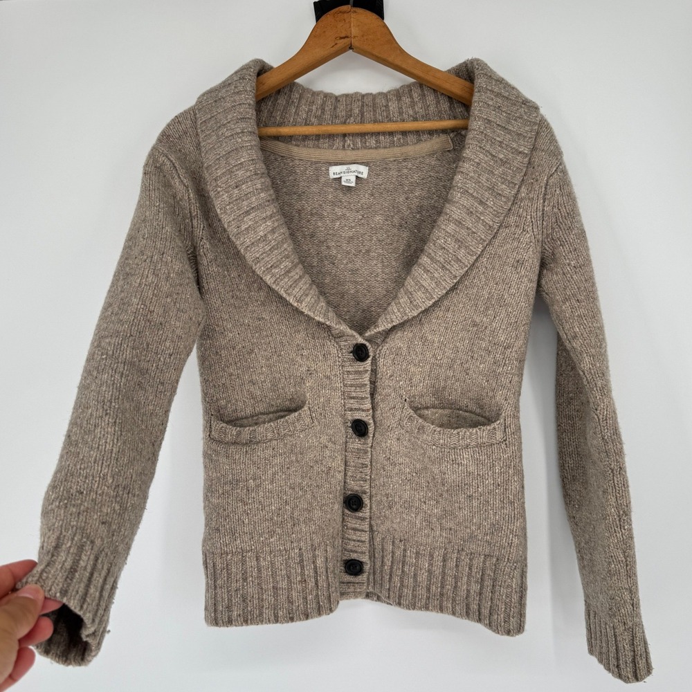 LL Bean Signature Cardigan Sweater XS Lambswool Shawl Collar Oatmeal Cottagecore